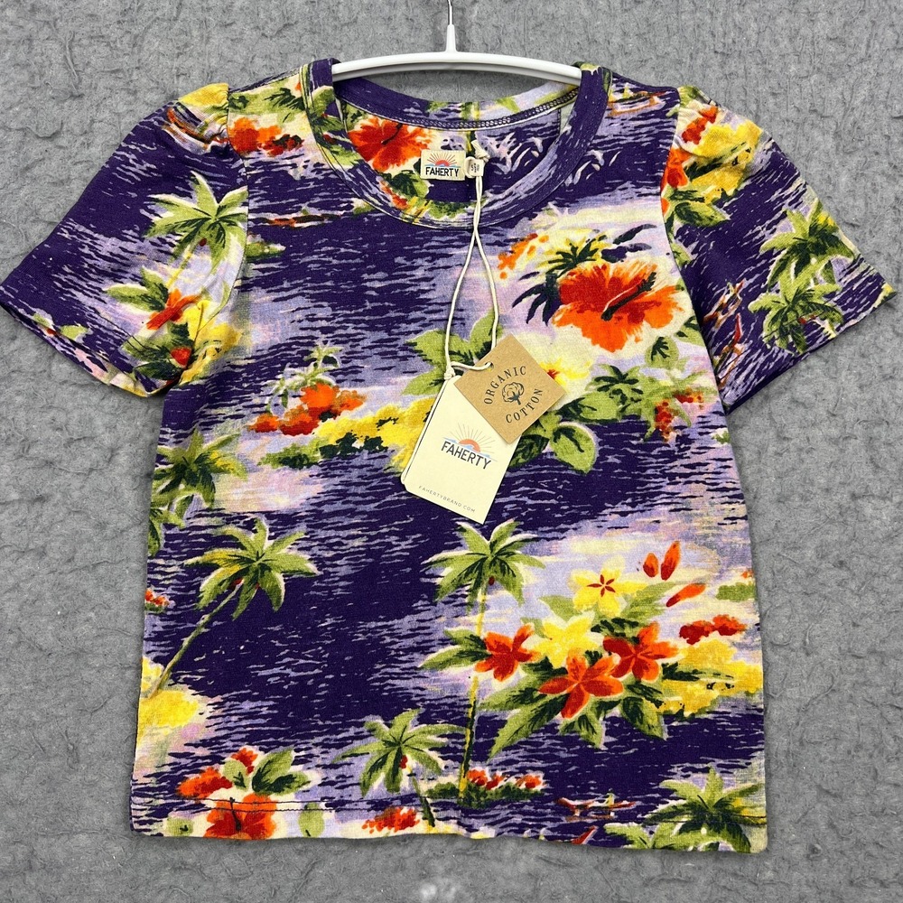 NEW Faherty Shirt Kids Girls 5 Sunwashed Puff Sleeve Purple Hawaiian Organic Tee